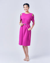 Load image into Gallery viewer, AINARA Short-Sleeve Cold Shoulder buckle Dress - Magenta