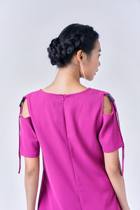 AINARA Short-Sleeve Cold Shoulder buckle Dress - Magenta
