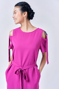 AINARA Short-Sleeve Cold Shoulder buckle Dress - Magenta