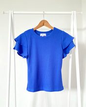 Load image into Gallery viewer, DELPH Ruffle Sleeve Waffle Top - Blue